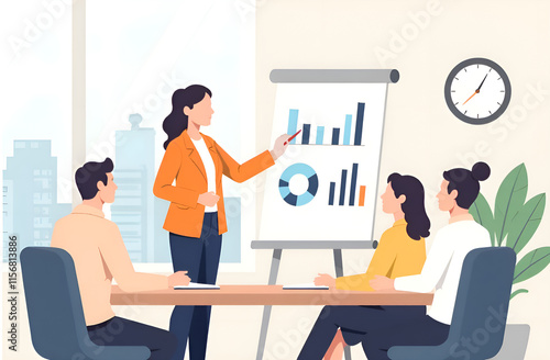 A woman is delivering an informative presentation to a group of interested people who are sitting around a large table arranged for discussion