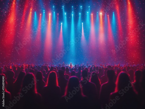 A vibrant concert scene with a lively crowd, colorful stage lights in red and blue, and confetti floating down, creating an energetic atmosphere.