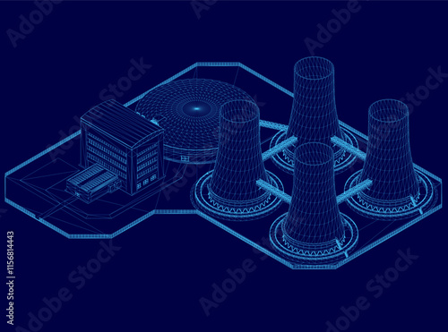 Blue drawing of a city with a large building and a power plant. The power plant is surrounded by four tall towers