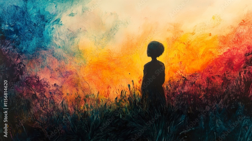 Obraz premium Sunset Silhouette: A Child's Peaceful Contemplation