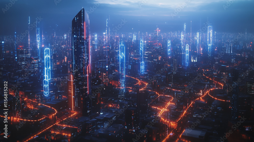 Fototapeta premium Smart digital Innovation city with connection network reciprocity over the cityscape. of future smart wireless city and social media networking systems that connects business people with in city