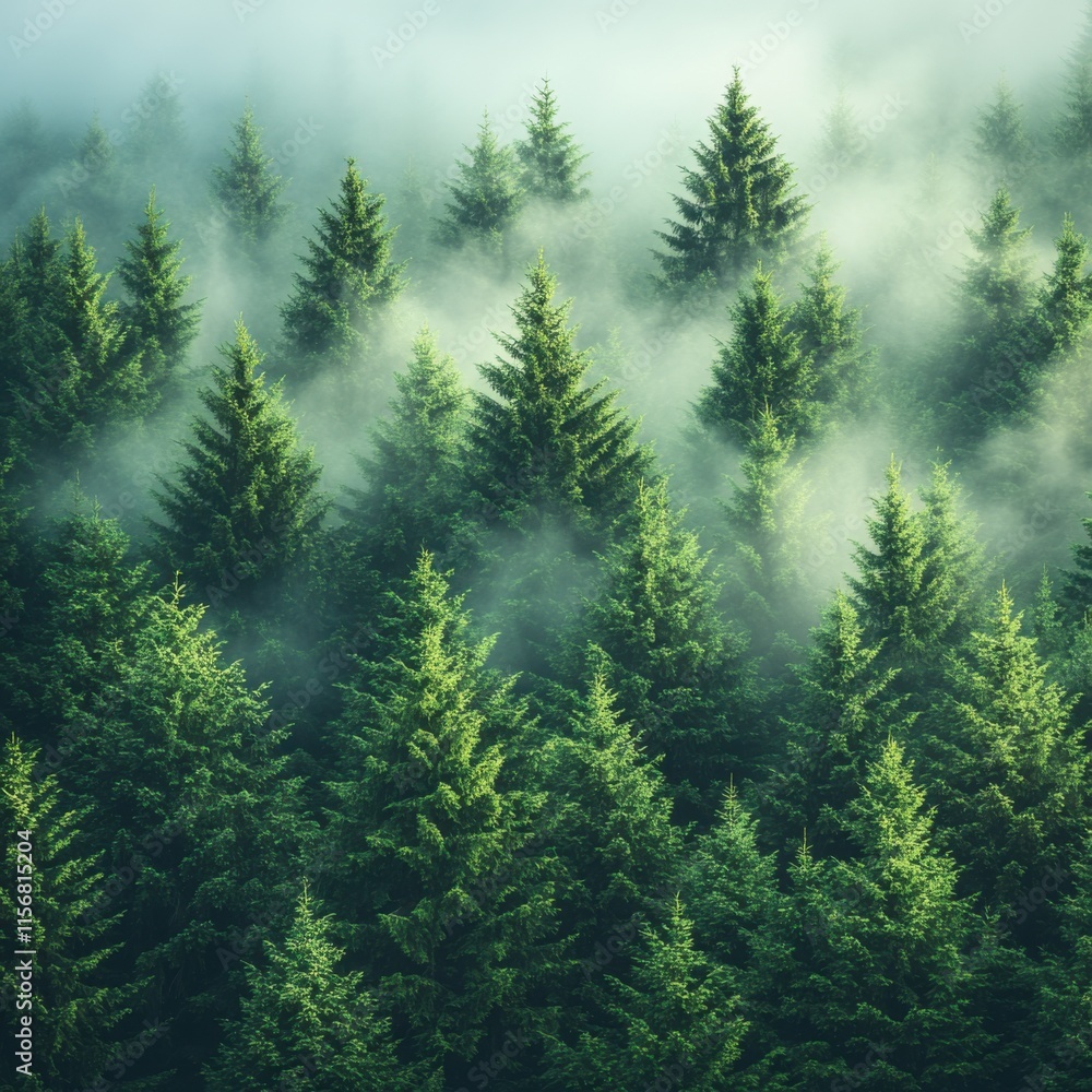 Fototapeta premium A serene and misty landscape featuring a dense fir forest, enveloped in fog with a vintage and retro feel, creating an atmosphere of tranquility and mystery.