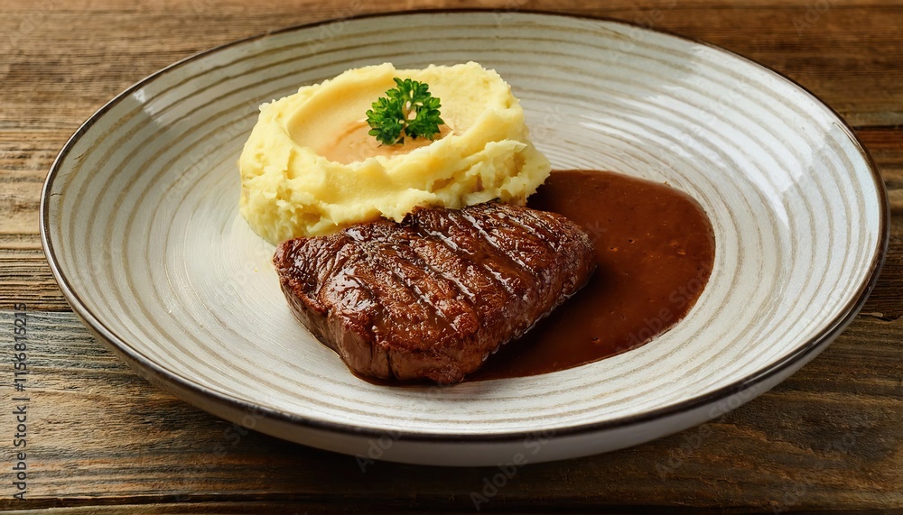 Seared steak with rich brown gravy served alongside creamy mashed potatoes on a rustic wooden table Seared steak with rich brown gravy served alongside creamy mashed potatoes on a rustic wooden table