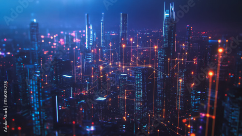 Smart digital Innovation city with connection network reciprocity over the cityscape. of future smart wireless city and social media networking systems that connects business people with in city