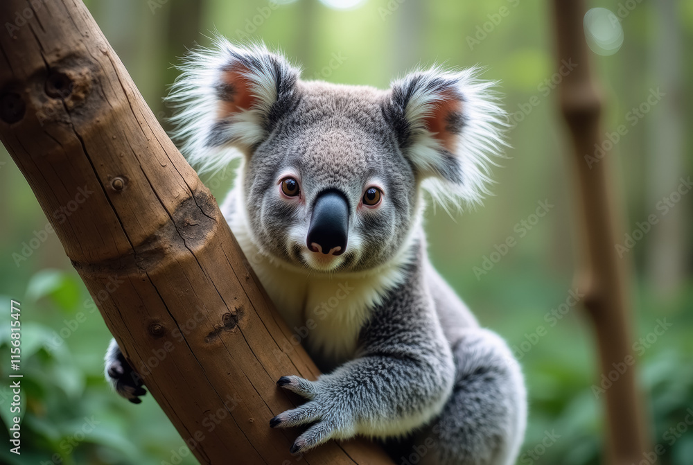 Fototapeta premium A koala clinging to a tree branch in a forested area.