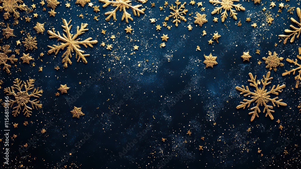 New Year banner with Christmas golden snowflakes on a blue background. Ideal for greetings and seasonal designs. New Year banner with Christmas golden snowflakes on a blue background. Ideal for greetings and seasonal designs.