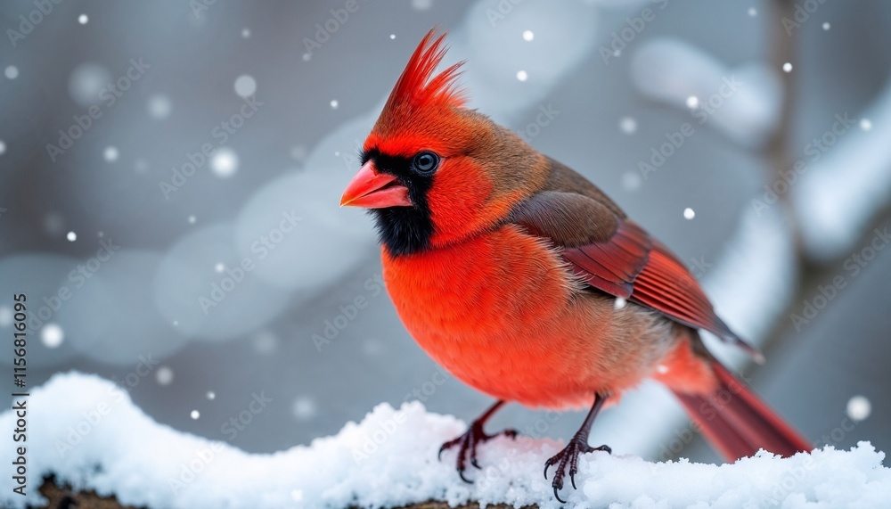 Vibrant northern cardinal on snowy branch during winter snowfall Vibrant northern cardinal on snowy branch during winter snowfall