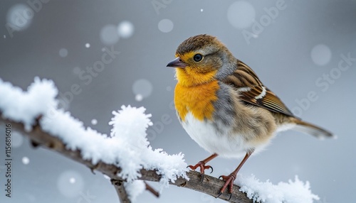 Macro image of a pine siskin perched on a snowy branch during winter
