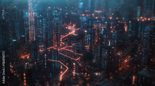 Smart digital Innovation city with connection network reciprocity over the cityscape. of future smart wireless city and social media networking systems that connects business people with in city