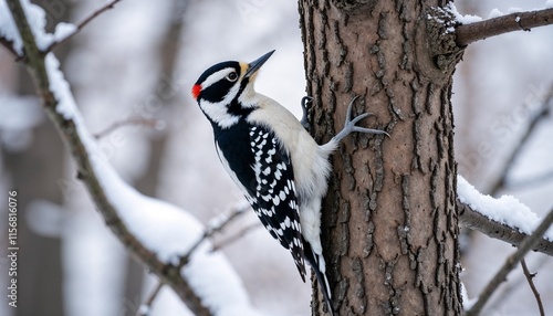 Detailed shot of a downy woodpecker perched on a snowy tree trunk
