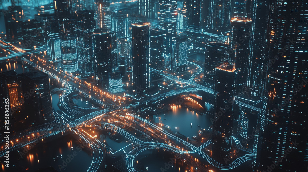 Smart digital Innovation city with connection network reciprocity over the cityscape. of future smart wireless city and social media networking systems that connects business people with in city