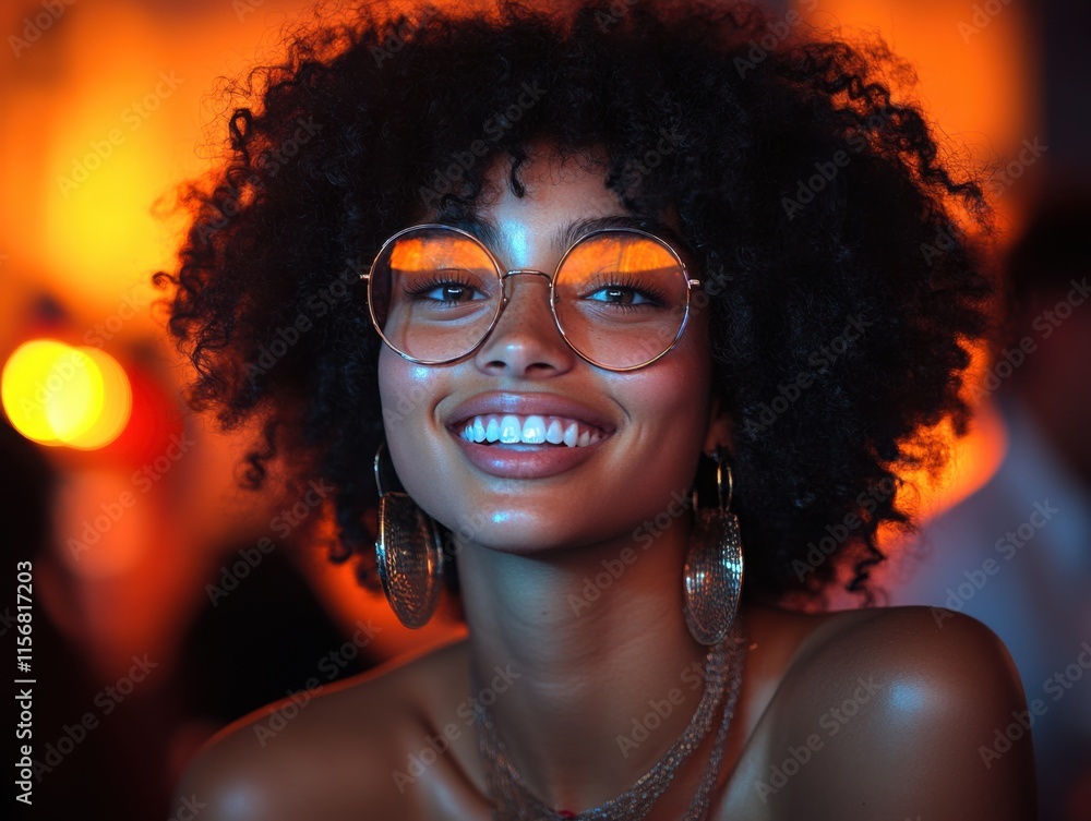 A person with curly hair and glasses smiles warmly in a vibrant, warmly-lit setting, evoking a sense of joy and energy. A person with curly hair and glasses smiles warmly in a vibrant, warmly-lit setting, evoking a sense of joy and energy.