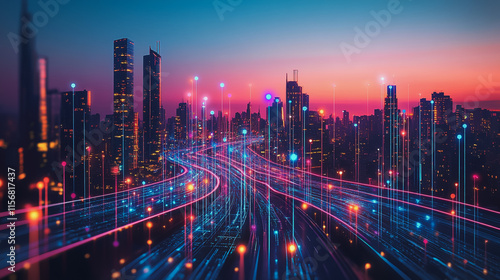 Smart digital Innovation city with connection network reciprocity over the cityscape. of future smart wireless city and social media networking systems that connects business people with in city