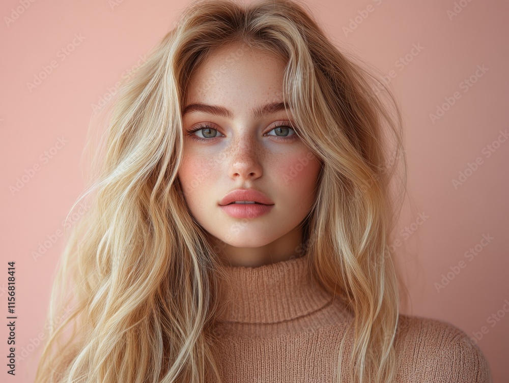 A young woman with long blonde hair and a soft, warm expression against a peach background. Her groomed hair and neutral sweater create a serene and natural look. A young woman with long blonde hair and a soft, warm expression against a peach background. Her groomed hair and neutral sweater create a serene and natural look.