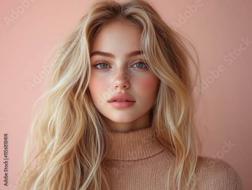 A young woman with long blonde hair and a soft, warm expression against a peach background. Her groomed hair and neutral sweater create a serene and natural look. photo