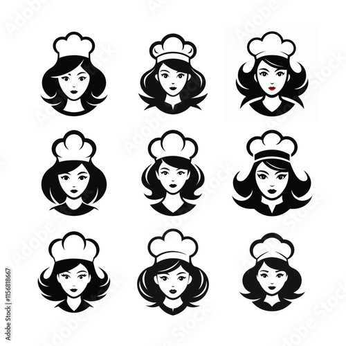 Elegant Black and White Chef Hat with Minimalist Female Face Design
