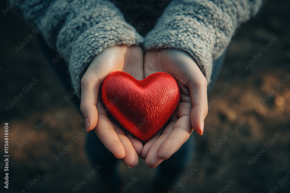 A person is gently holding a bright red heart in their hands A person is gently holding a bright red heart in their hands