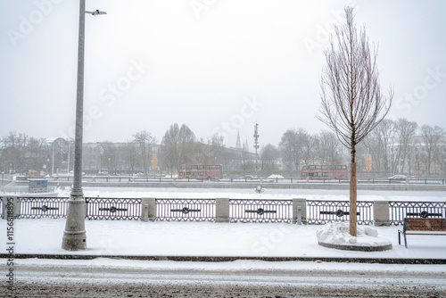 Snowy Moscow. Street view on a winter day.