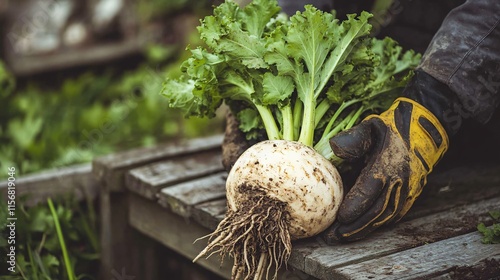 Freshly dug celeriac with dirt clinging to its roots, placed on a rustic outdoor bench with gardening gloves photo