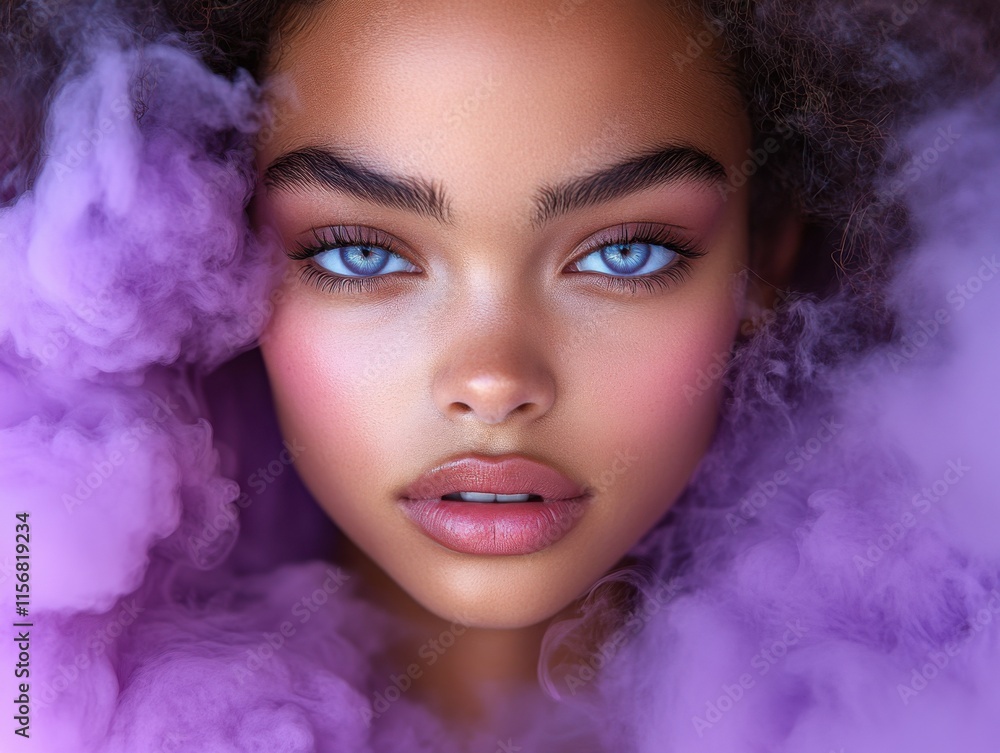 A young woman with striking blue eyes is surrounded by a cloud of purple and pink smoke, creating a surreal and dreamy atmosphere. A young woman with striking blue eyes is surrounded by a cloud of purple and pink smoke, creating a surreal and dreamy atmosphere.