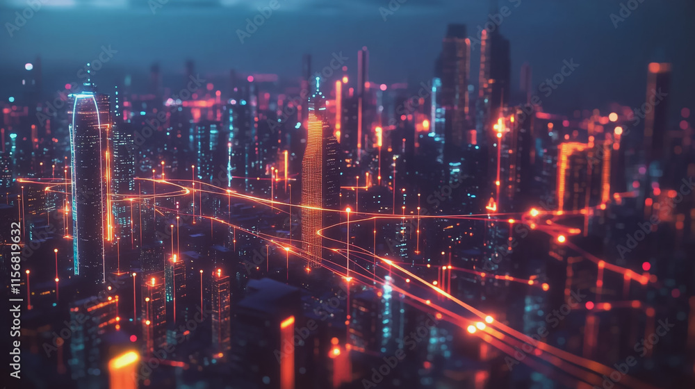 Fototapeta premium Smart digital Innovation city with connection network reciprocity over the cityscape. of future smart wireless city and social media networking systems that connects business people with in city