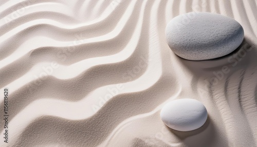 Serene patterns in white sand create a calming atmosphere, enhanced by two meticulously placed stones photo