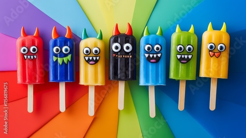 Row of ice cream sticks with faces on them, including one with a mouth that says 