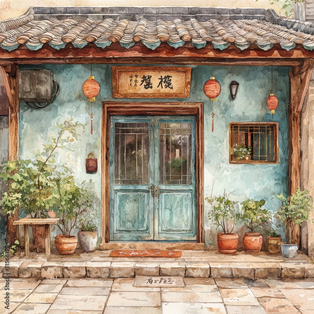 Charming Traditional Storefront with Lanterns and Greenery Aesthetic Charming Traditional Storefront with Lanterns and Greenery Aesthetic