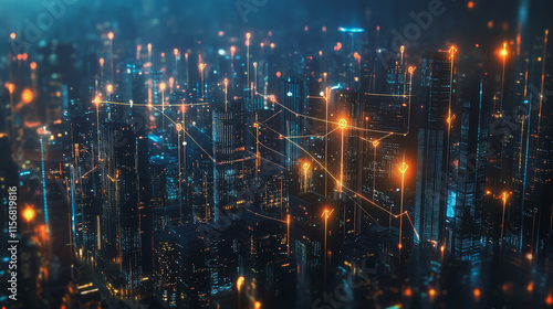 Smart digital Innovation city with connection network reciprocity over the cityscape. of future smart wireless city and social media networking systems that connects business people with in city