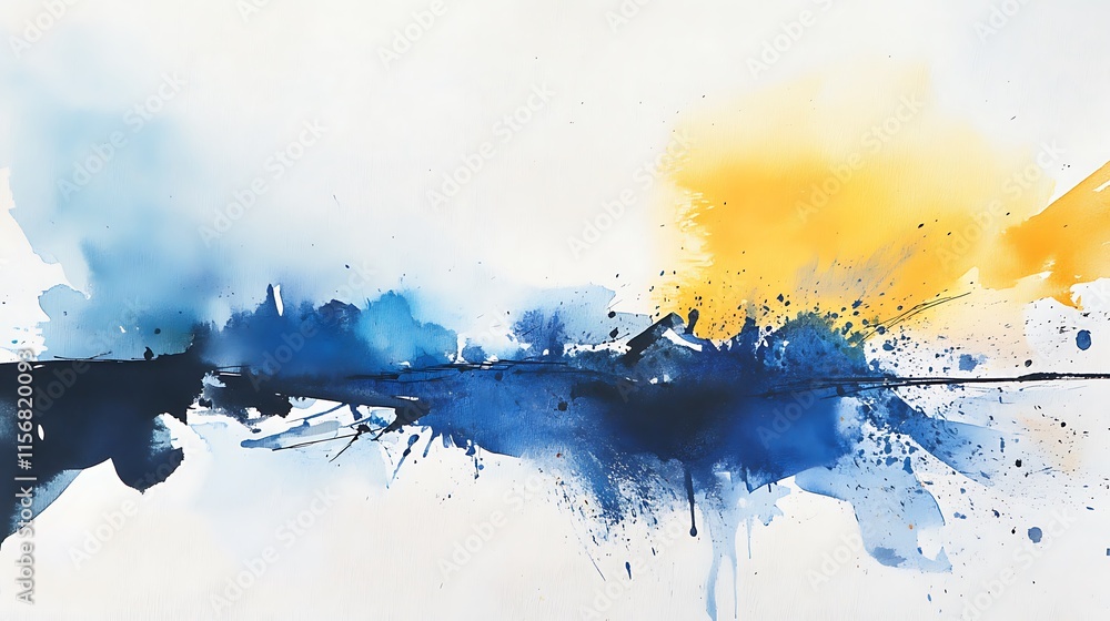 Obraz premium Evocative Blue and Gold Watercolor Landscape Illustration: Abstract Artistic Style. AI Generated