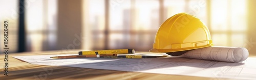 Construction tools and safety gear on blueprints office workspace digital image bright environment close-up workplace safety