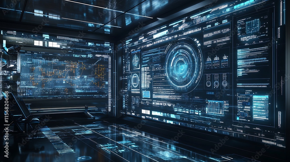 Futuristic Control Room: Stunning 3D Render of a Digitally Enhanced Interface. AI Generated Futuristic Control Room: Stunning 3D Render of a Digitally Enhanced Interface. AI Generated
