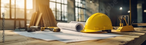 Construction tools on desk workshop photography industrial environment close-up perspective building preparation