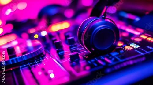 DJ Mixing Music on Electronic Mixer in Vibrant Nightclub Setting