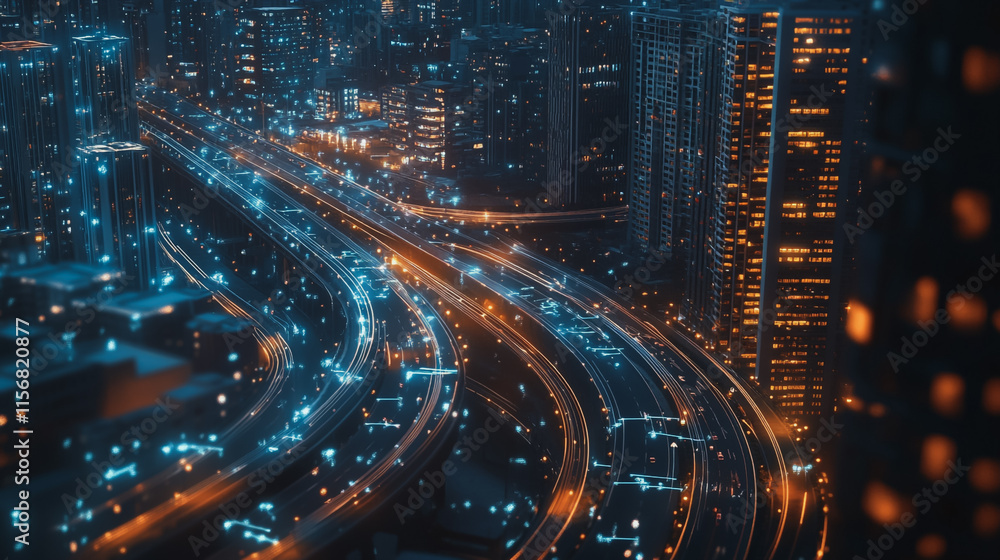 Fototapeta premium Smart digital Innovation city with connection network reciprocity over the cityscape. of future smart wireless city and social media networking systems that connects business people with in city