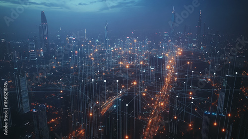 Wallpaper Mural Smart digital Innovation city with connection network reciprocity over the cityscape. of future smart wireless city and social media networking systems that connects business people with in city Torontodigital.ca