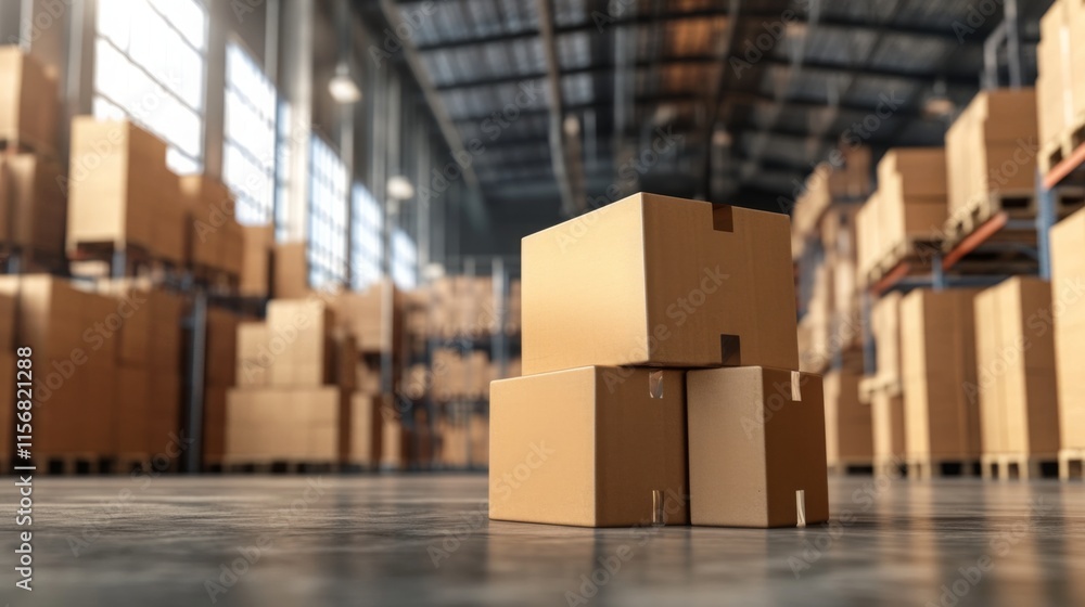 A stack of cardboard boxes in a spacious warehouse, showcasing organized storage and an industrial environment. A stack of cardboard boxes in a spacious warehouse, showcasing organized storage and an industrial environment.
