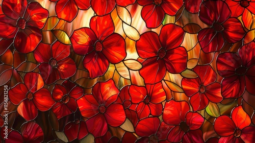 Stained glass window with red and yellow flowers. Abstract background.