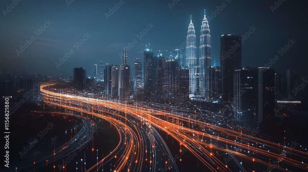 Obraz premium Smart digital Innovation city with connection network reciprocity over the cityscape. of future smart wireless city and social media networking systems that connects business people with in city