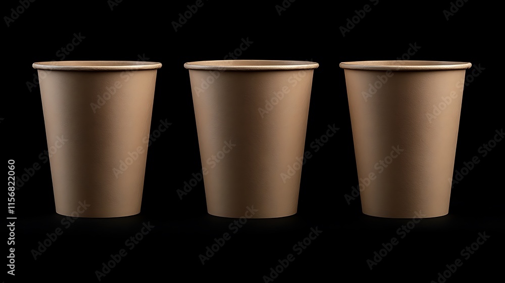 Three Brown Paper Cups Mockup: Clean Studio Photo, Close-up View. AI Generated Three Brown Paper Cups Mockup: Clean Studio Photo, Close-up View. AI Generated