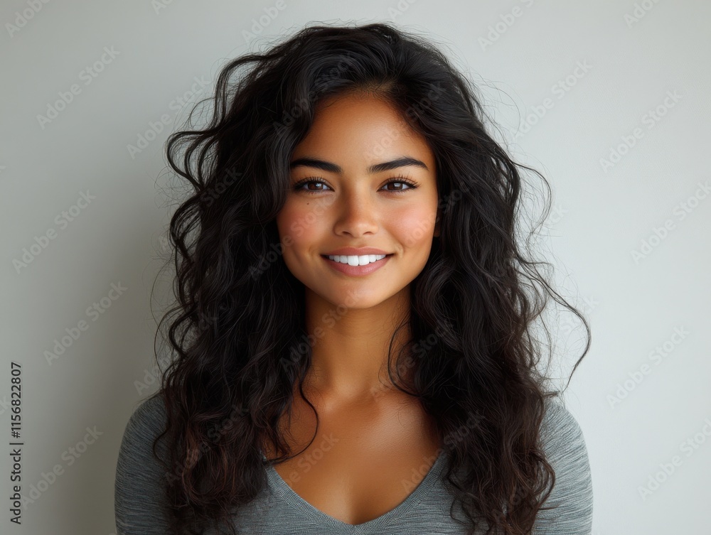A close-up portrait of a young woman with curly black hair and a warm smile against a neutral background. A close-up portrait of a young woman with curly black hair and a warm smile against a neutral background.