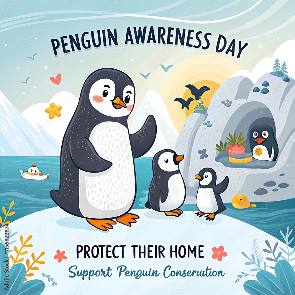 Obraz premium Penguin Awareness Day. Illustration Art. Poster, Banner, Post. Story. Social Media Poster
