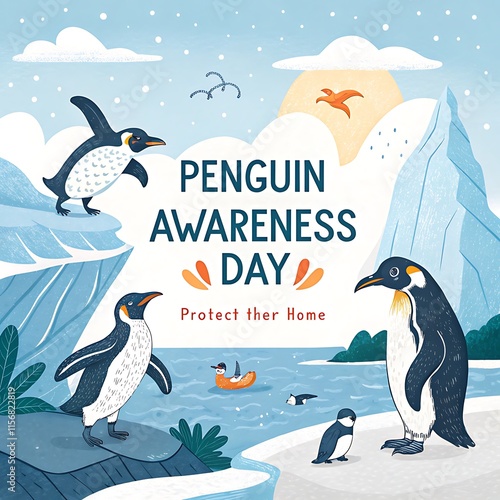 Penguin Awareness Day. Illustration Art. Poster, Banner, Post. Story. Social Media Poster photo