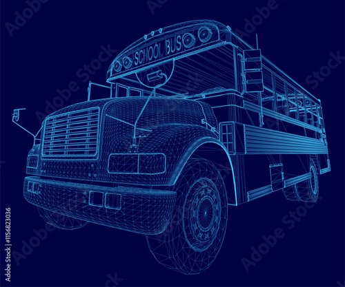 Blue bus with the word school bus on the front. The bus is shown in a stylized way, with a lot of detail and a sense of depth. Concept of excitement and adventure