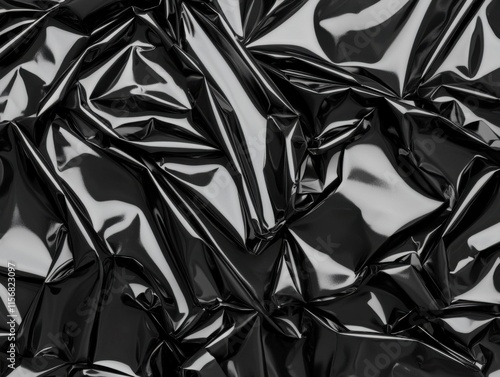 A crumpled, shiny black surface resembling plastic or vinyl with creases and folds, reflecting light similar to a CD or vinyl record. photo