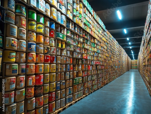 A large food bank storage facility with endless shelves stacked with canned goods, illuminated by bright overhead lights, creating an organized and industrious atmosphere. photo