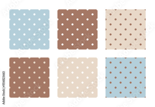 Dots seamless patterns collection. Geometric dotted beige, blue and mocha colors backgrounds. Polka Dots textile design, wallpaper, wrapping paper