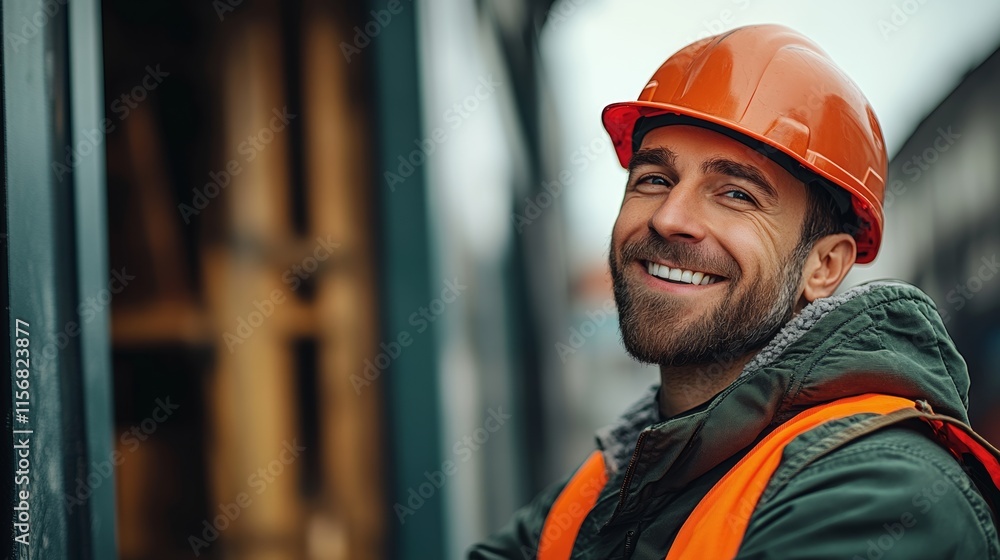Man wearing an orange safety helmet and a green jacket is smiling. He is posing for a picture Man wearing an orange safety helmet and a green jacket is smiling. He is posing for a picture