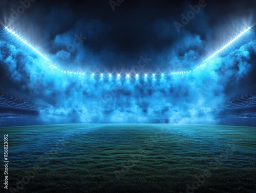 A cinematic view of a stadium with bright lights and a misty atmosphere, creating a dramatic and vibrant scene. photo