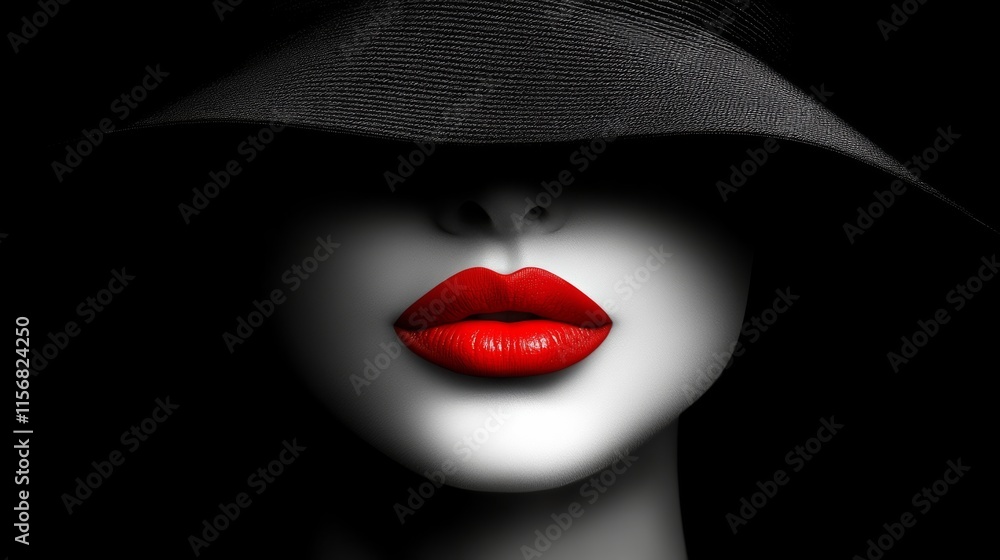 Fototapeta premium Woman's face is shown with a black hat covering her lips. The woman's face is the main focus of the image, and the hat adds a touch of mystery and intrigue to the scene